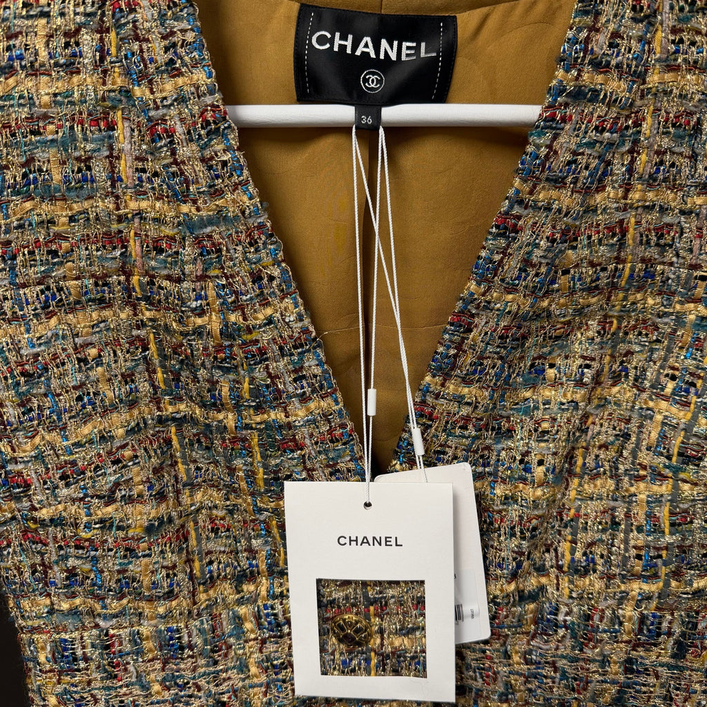 NWT Chanel 2019 Gold Blue Green Tweed Button Front Jacket Womens FR 36 / US 4