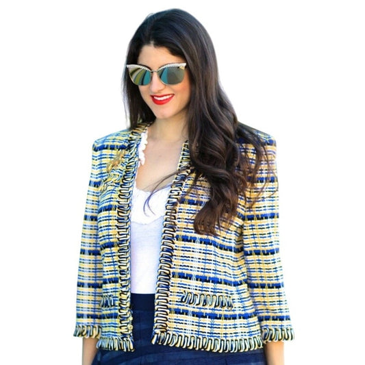 St. John Collection by Marie Gray Vintage Yellow Blue Knit Jacket Womens 4