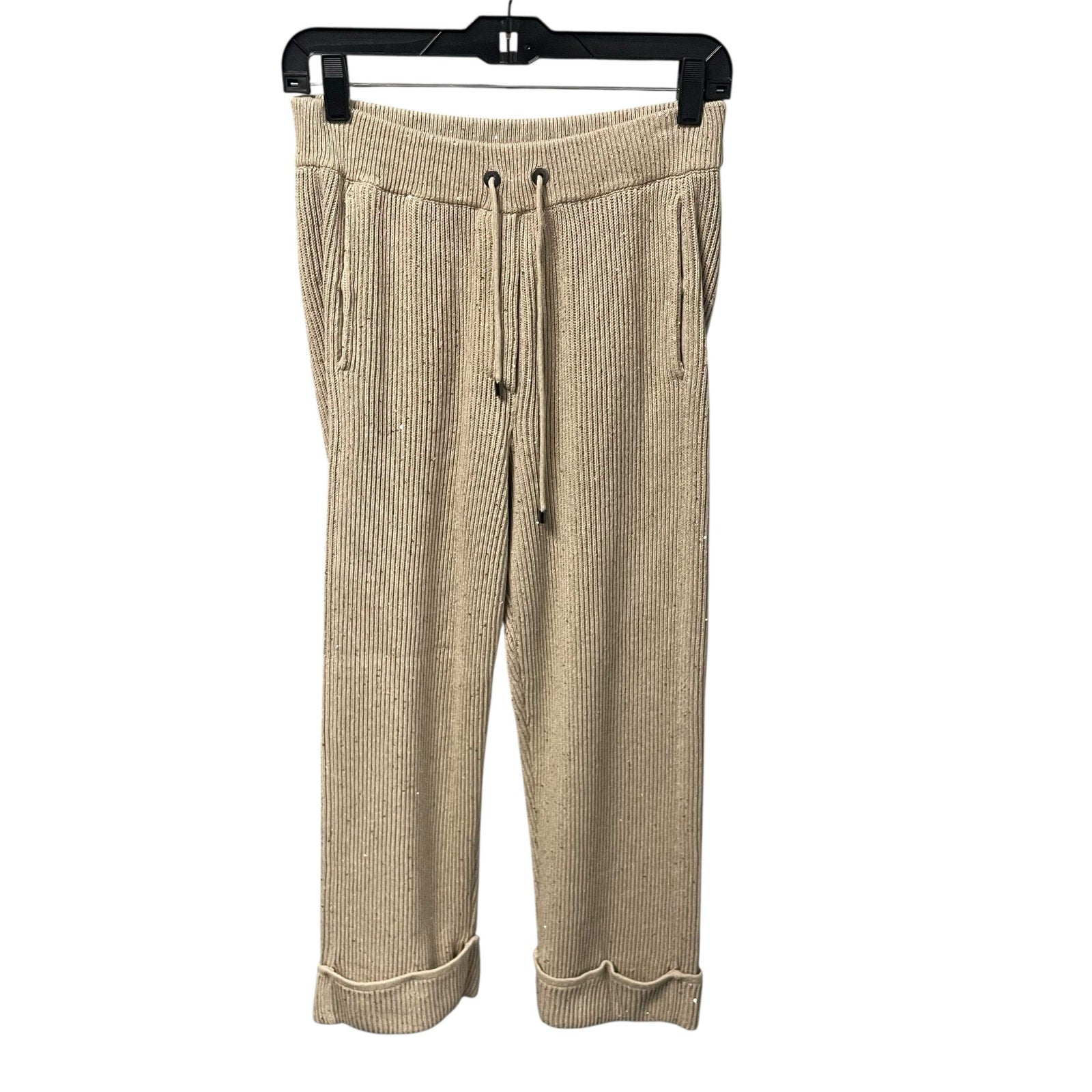 Brunello Cucinelli Dazzling Rib Knit Trousers in Neutral Beige Sequin Womens XS