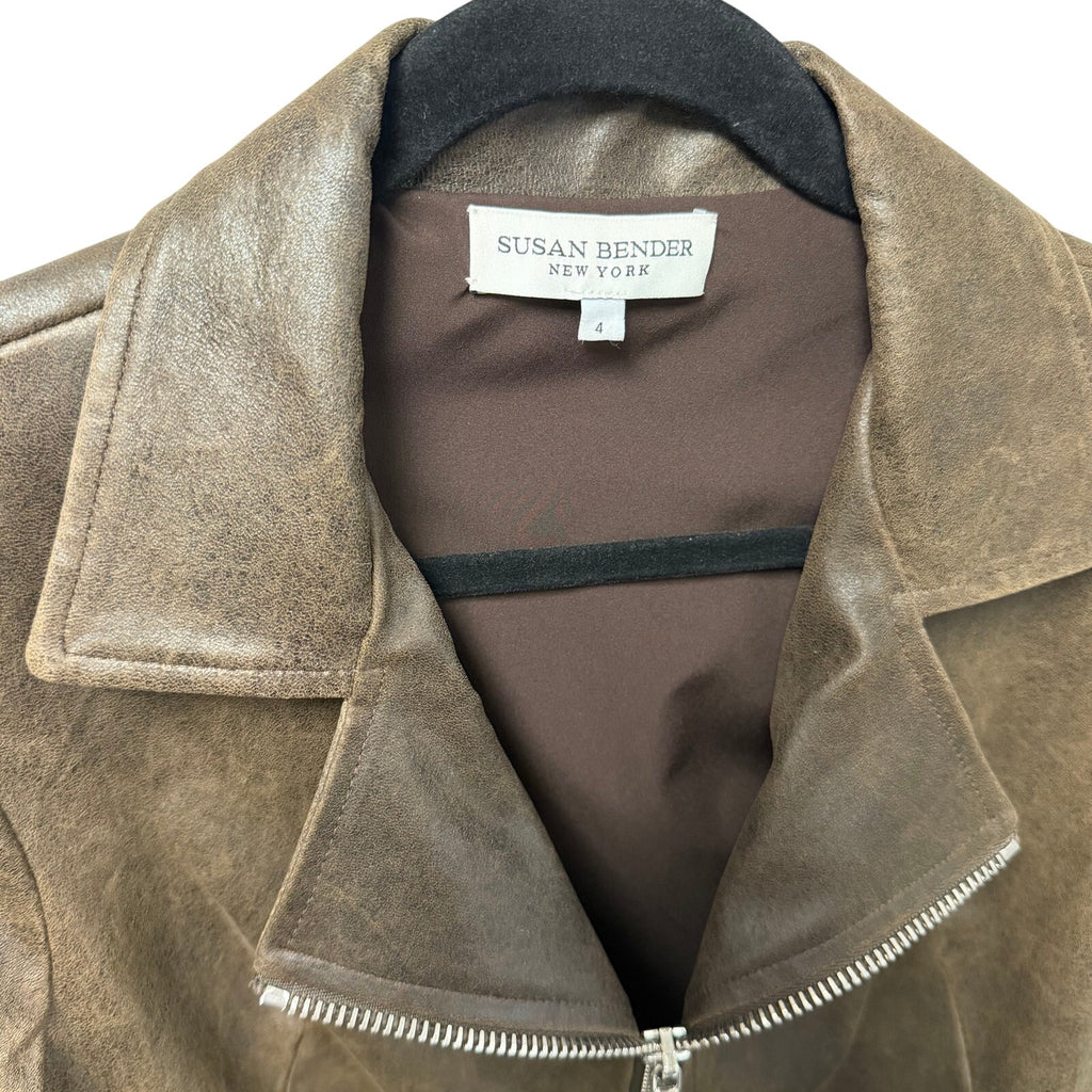 Susan Bender Cropped Leather Moto Jacket Dark Brown Womens Size 4 Neutral Grunge