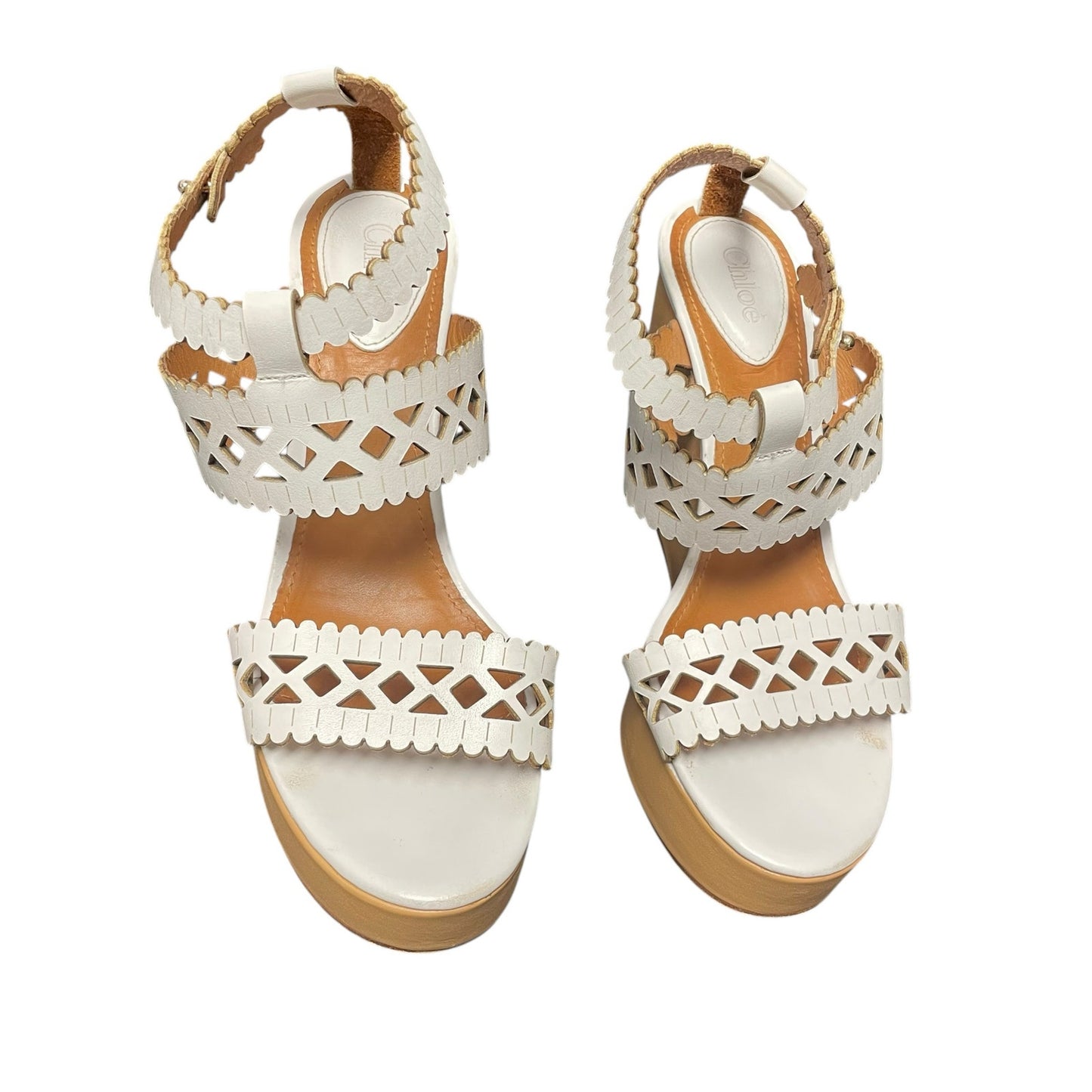Chloe White Laser Cutout Leather Platform Wedge Sandals 38.5 / US  8