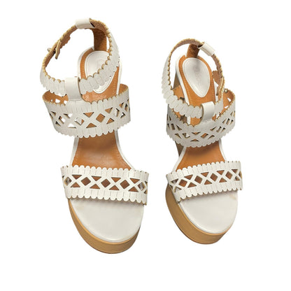 Chloe White Laser Cutout Leather Platform Wedge Sandals 38.5 / US  8