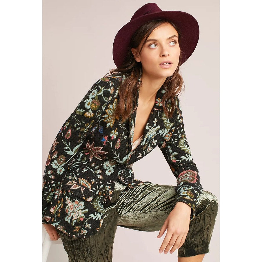 Anthropologie Aldomartins Wool Blend Knit Black Floral Intarsia Blazer Size 4