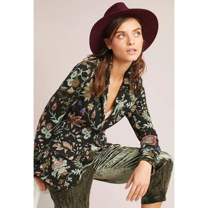 Anthropologie Aldomartins Wool Blend Knit Black Floral Intarsia Blazer Size 4