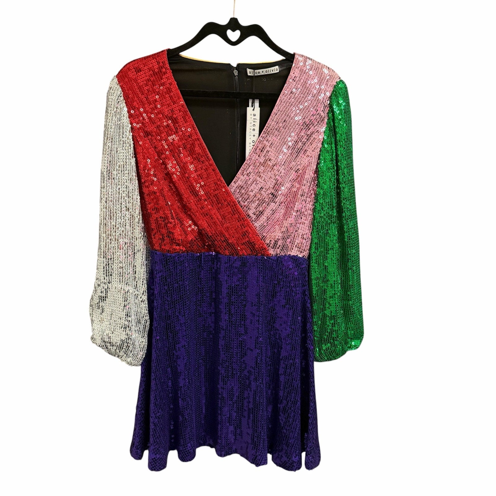 NWT Alice + Olivia Blaze Mini Dress Sequin Colorblock Multi Long Sleeve Size 0