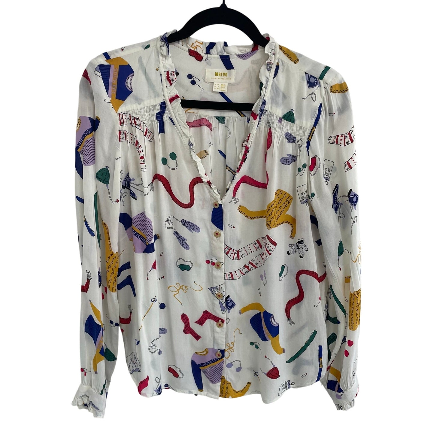 Anthropologie Maeve Snow Day Ski Winter Theme Print Button Up Top Womens Size 6