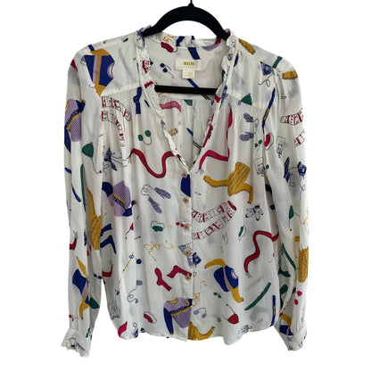 Anthropologie Maeve Snow Day Ski Winter Theme Print Button Up Top Womens Size 6