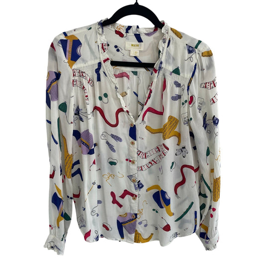 Anthropologie Maeve Snow Day Ski Winter Theme Print Button Up Top Womens Size 6