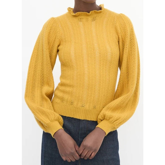 Ulla Johnson Pure Cashmere Ruffle Neck Open Knit Sweater Dark Yellow Size Small