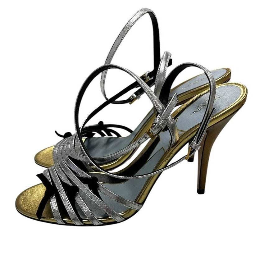 Valentino Garavani Gold Silver Black Nodine 100mm Sandals Womens 39 / US 9