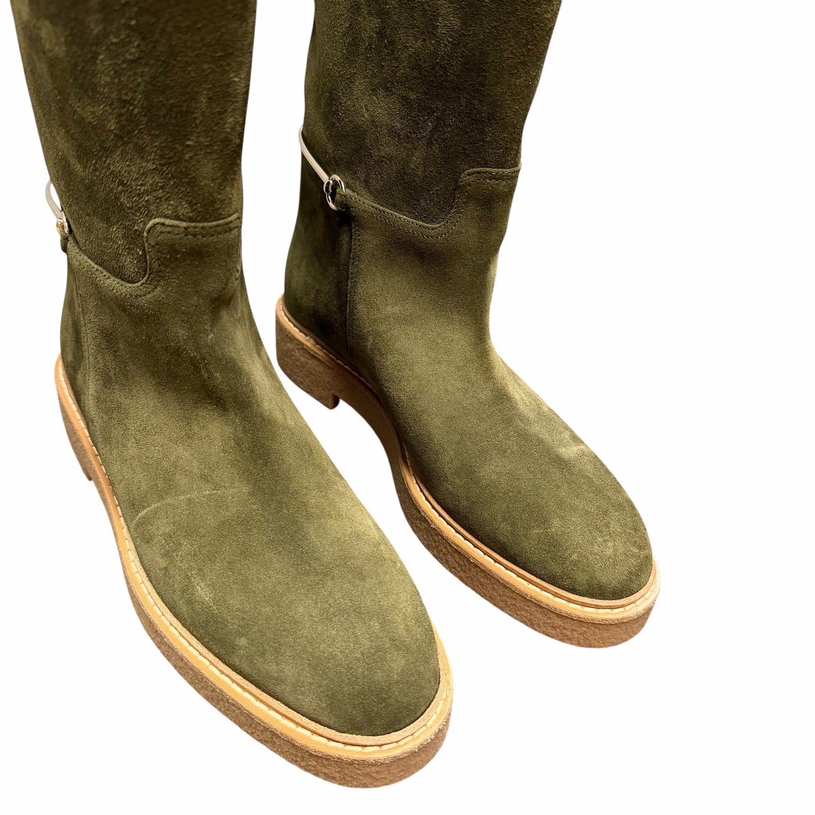 Gucci Slim Horsebit Accent Tall Boots Green Suede Womens Size 39 / US 9 Luxury