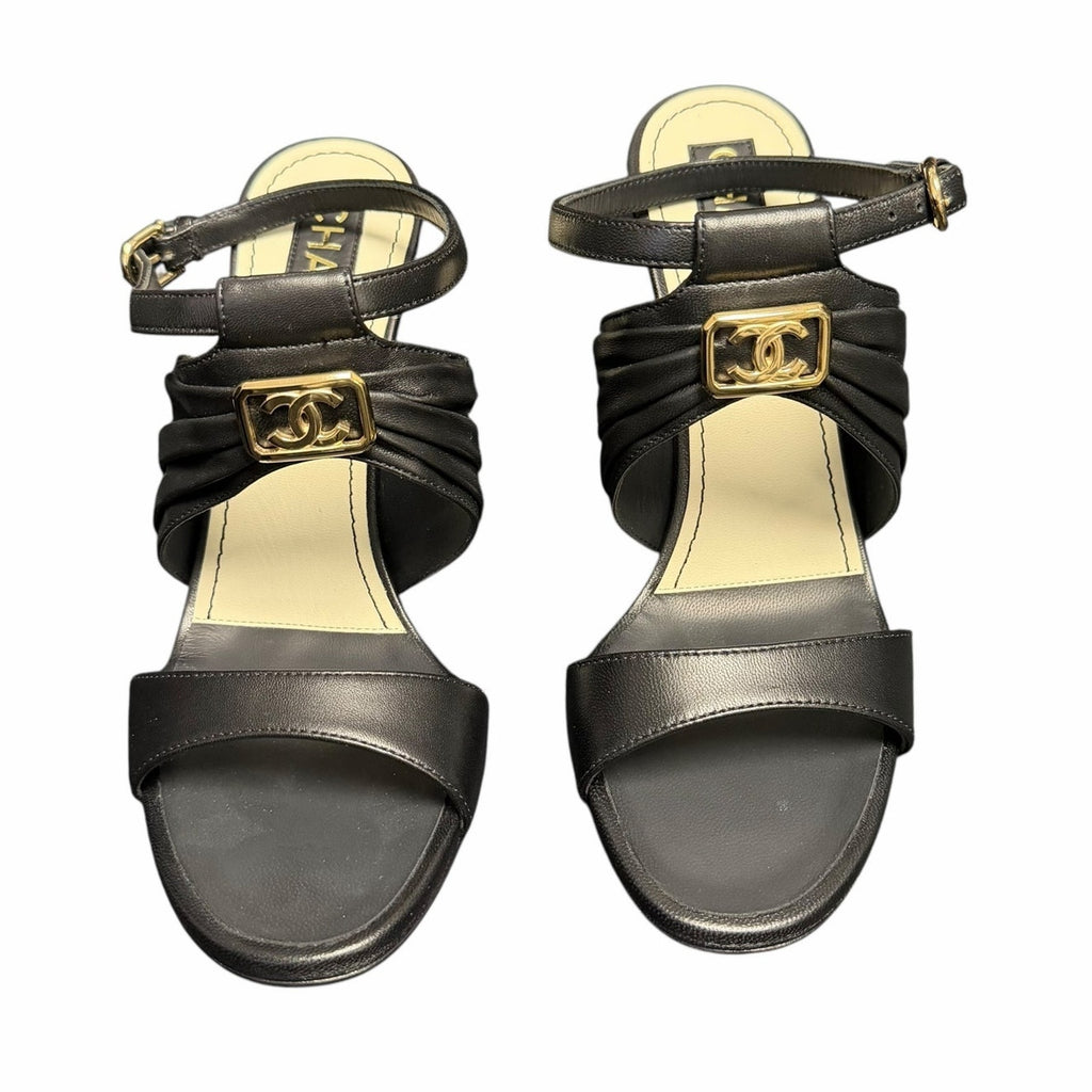 Chanel Black Leather Sandal Heel Gold CC Logo / Heel Caps Womens 39.5 / US 8.5