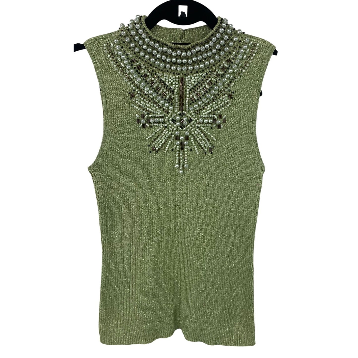 Vintage Christine Phillipe Metallic Knit Beaded Mock Neck Tank Top Green Small