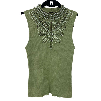 Vintage Christine Phillipe Metallic Knit Beaded Mock Neck Tank Top Green Small