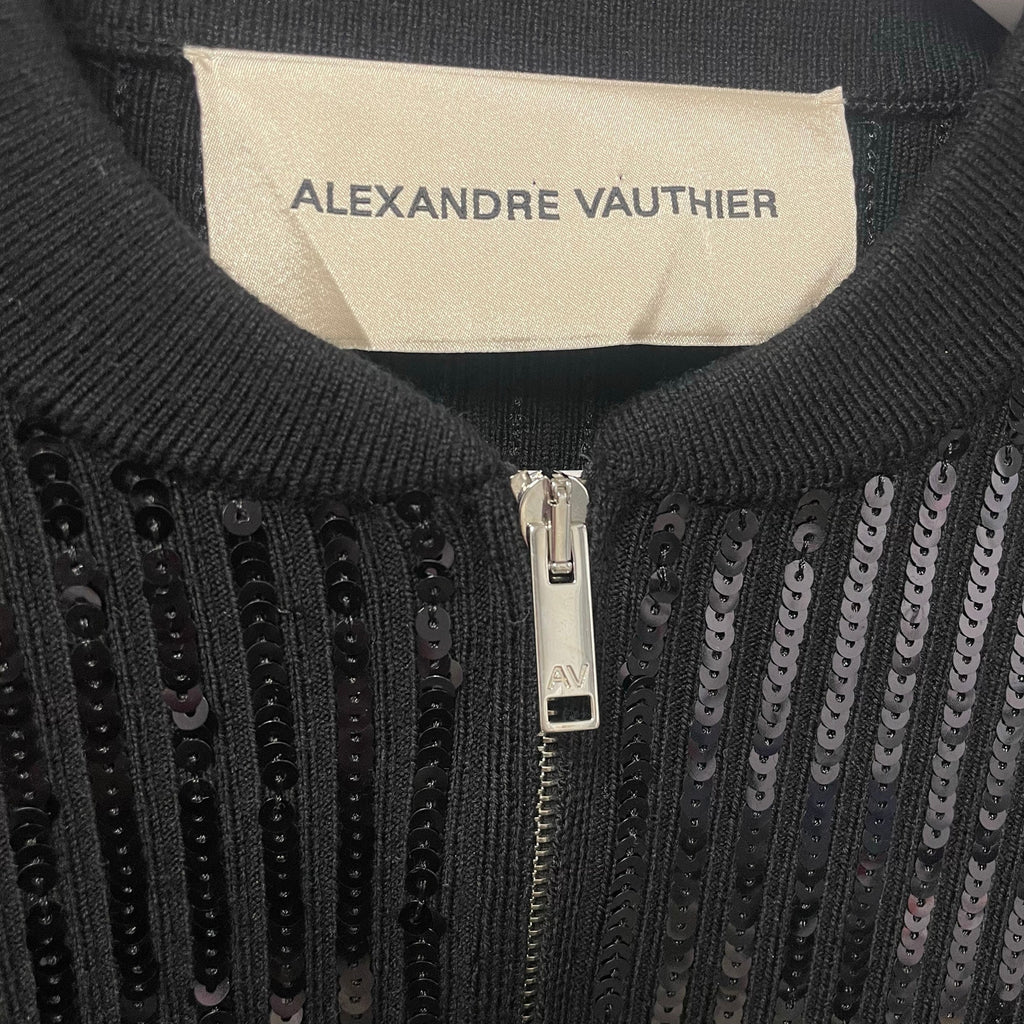 Alexandre Vauthier Black Sequined Knit Jacket Full Zip Cropped Womens Size XS