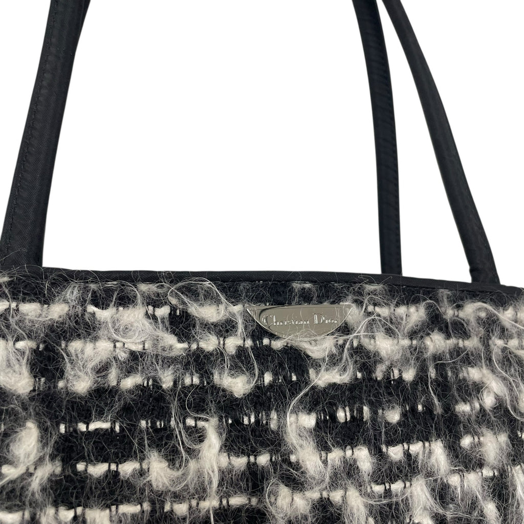 Vintage Christian Dior 1999 Black White Boucle Tweed Top Handle Tote Handbag