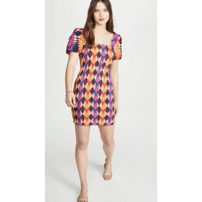 Farm Rio Lindeza Grafica Puff Sleeve Multi Smocked Mini Dress Womens Medium