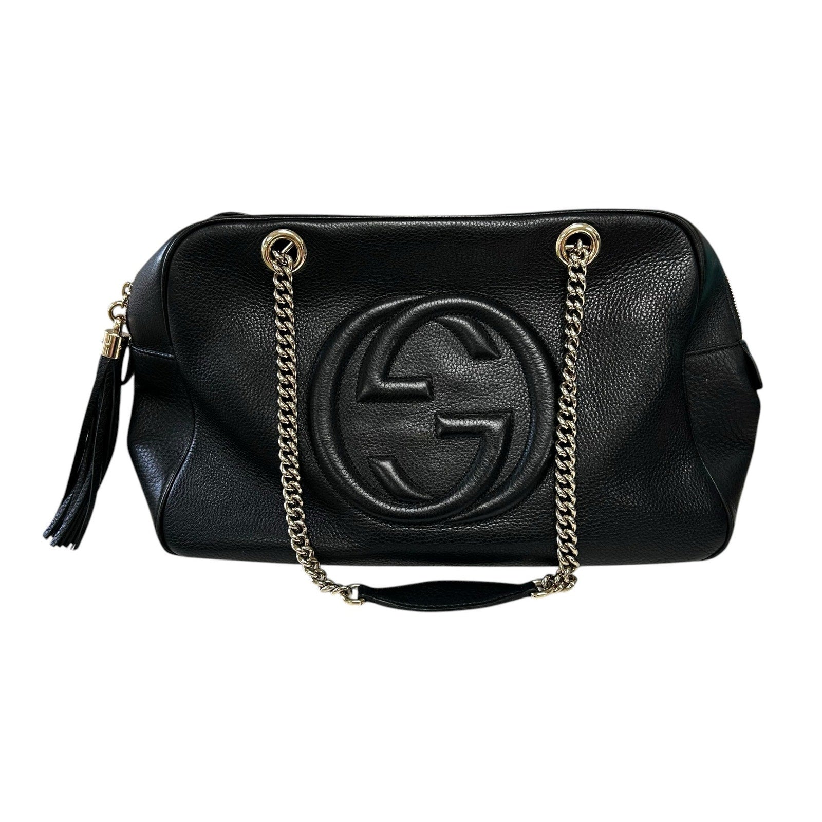Gucci Black Pebbled Calfskin Leather Soho Double Chain Zip Shoulder Bag