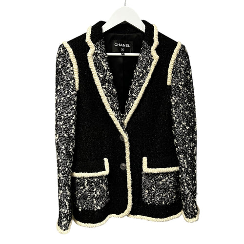 Chanel Black White Cream Trim Tweed Logo Button Front Jacket Womens 36 / US 4