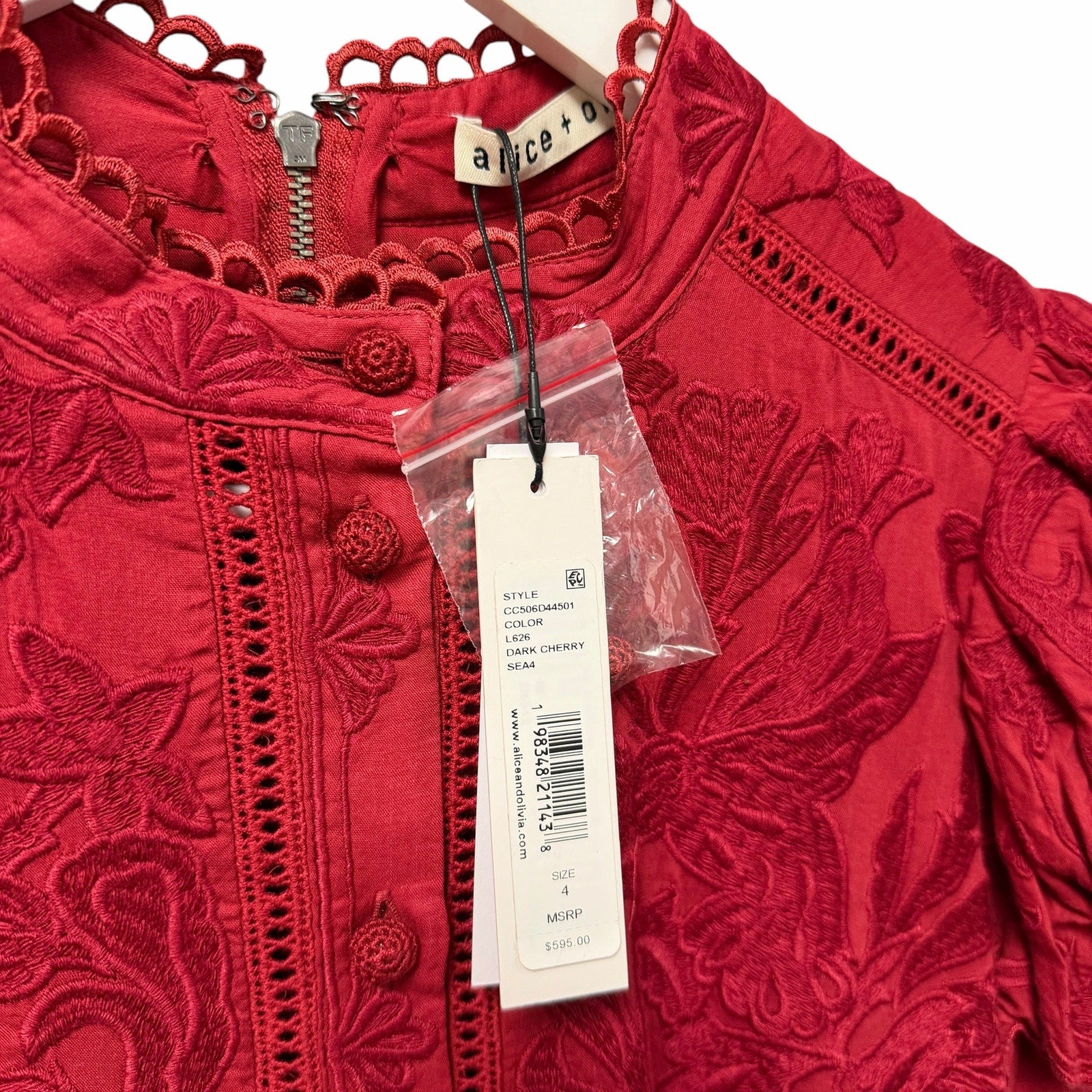 NWT Alice + Olivia Loryn Embroidered Short Sleeve Mini Dress Dark Cherry Size 4