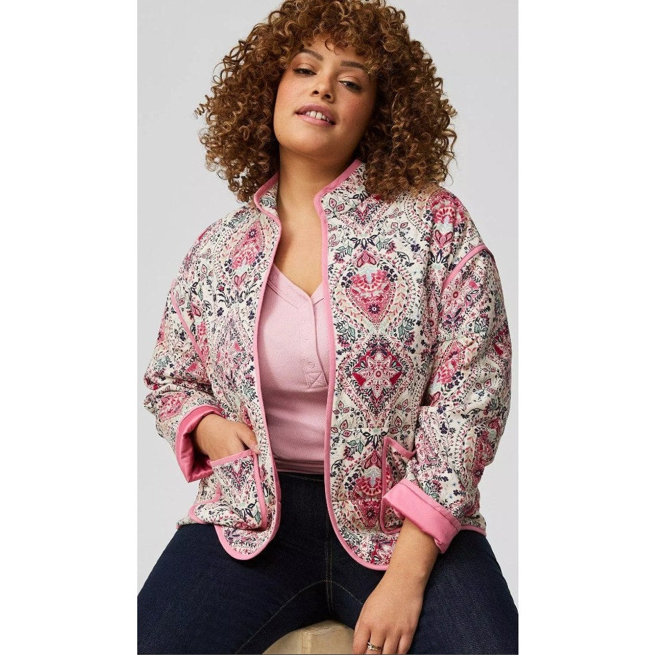 Torrid Open Front Challis Quilted Jacket Pink Floral Paisley Print Womens 2X