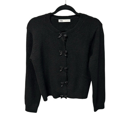 Zara Black Bow Shaped Button Knit Button Up Cardigan Sweater Womens Size Medium