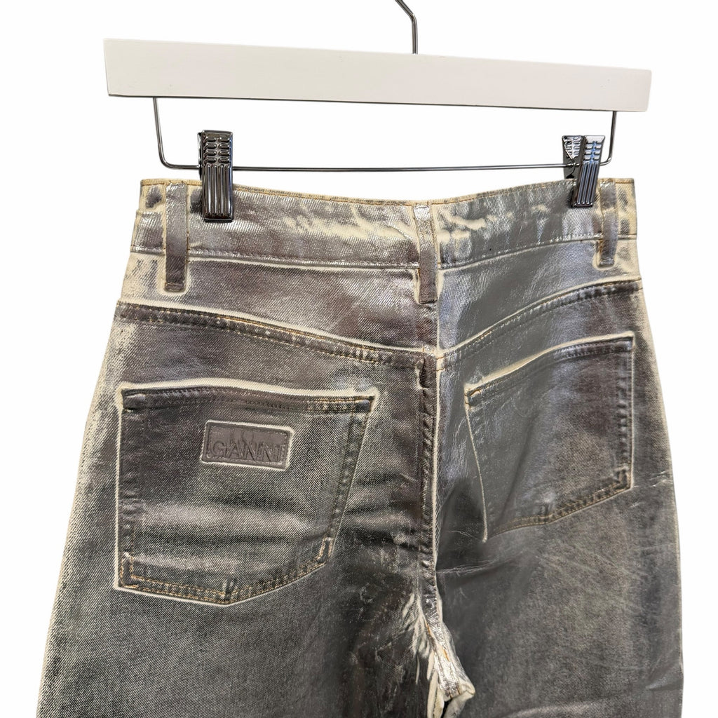 NWT Ganni Foil Denim Stary Pant Bright White Metallic Silver Size 25 Retro Party