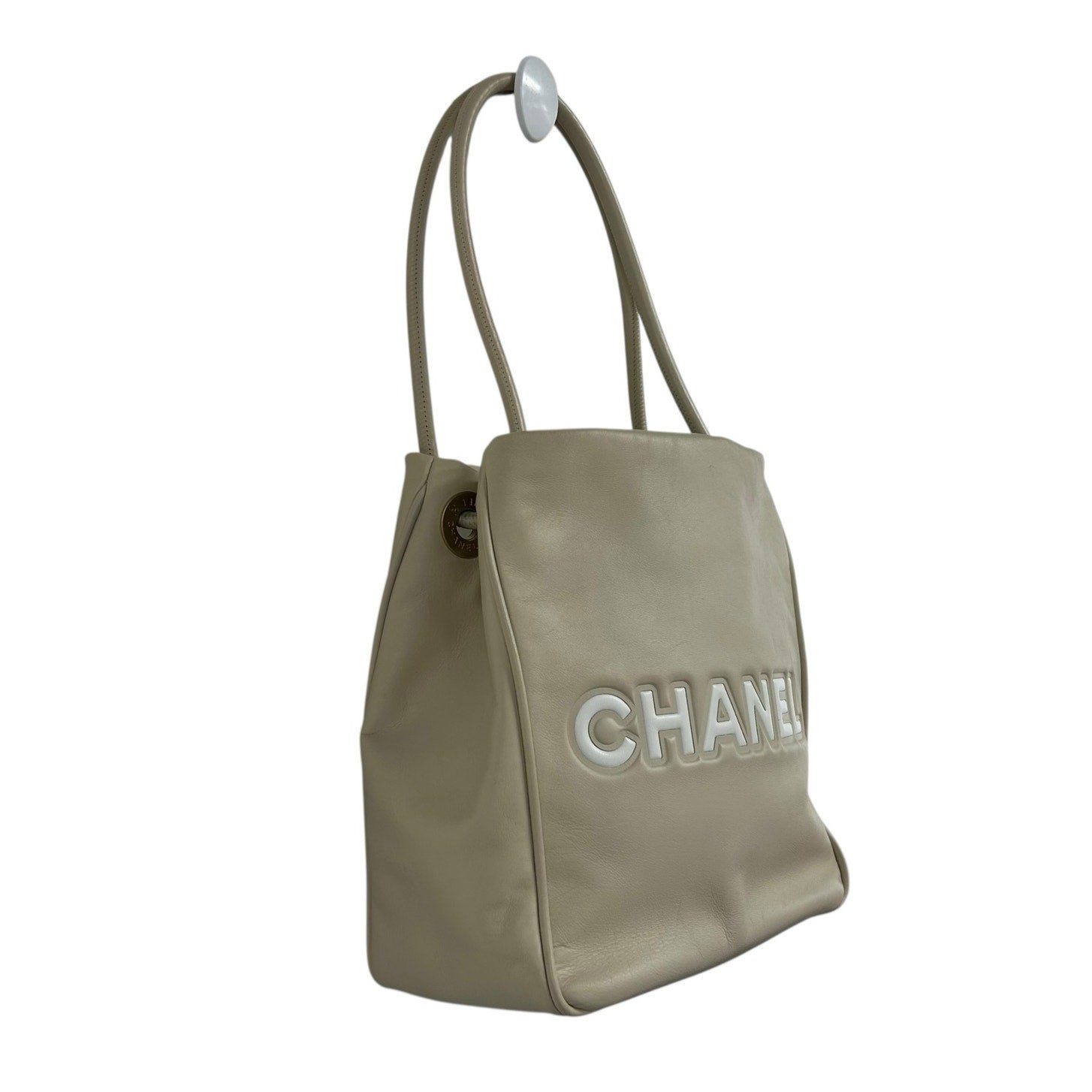 Chanel Beige Leather White Flower Camellia Double Handle Tote Shoulder Bag