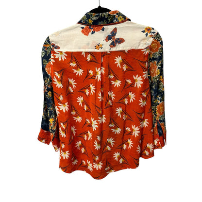 Multiples Orange Navy Floral Butterfly Print Button Up Top Womens Petite Medium