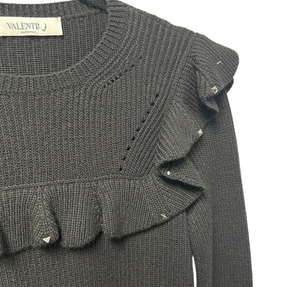 Valentino Black Rockstud Embellished Ruffle Pullover Wool Sweater Womens Medium