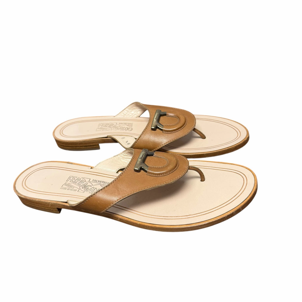 Salvatore Ferragamo Tan Leather Hardware Logo Emblem Thong Sandal Womens 8.5