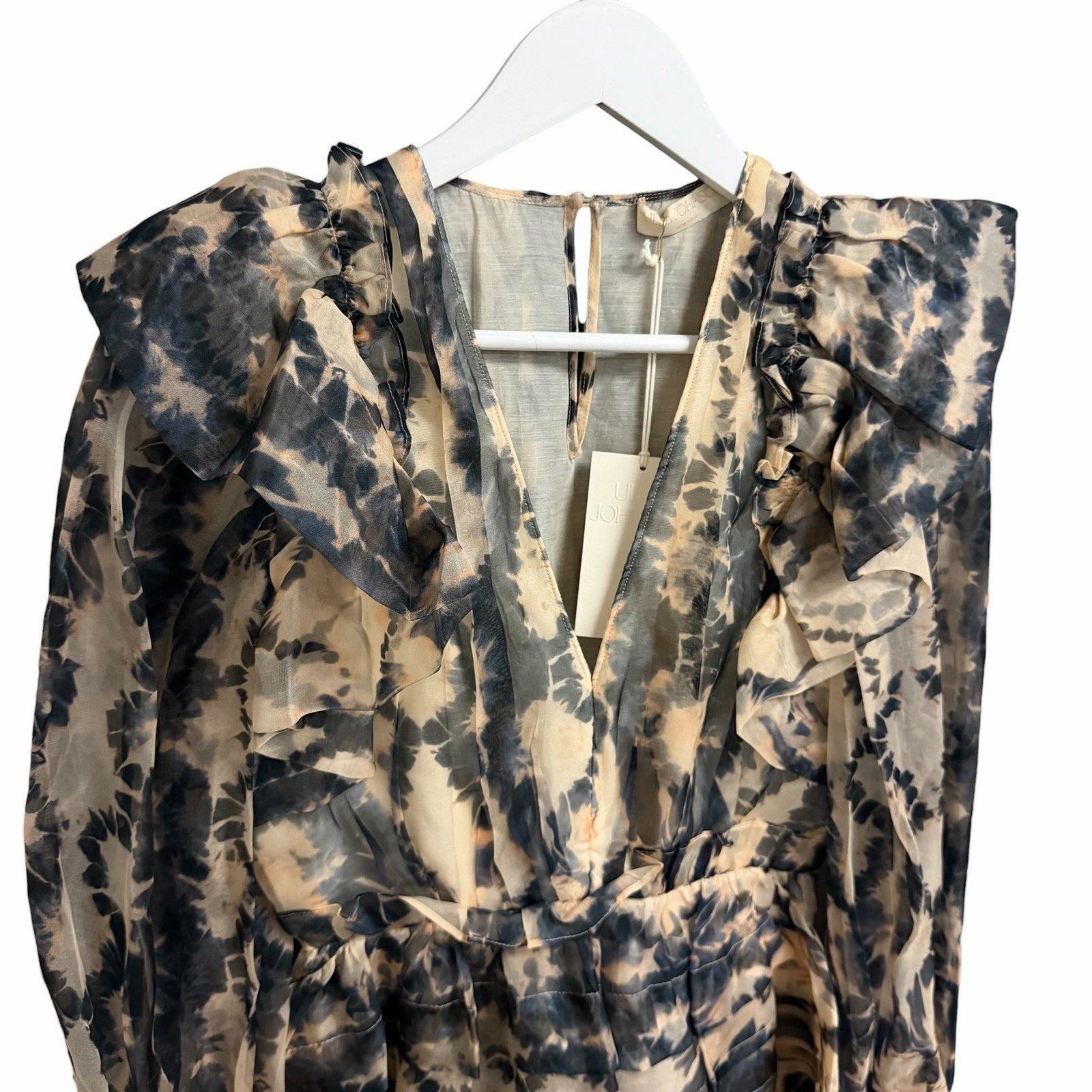 NWT Ulla Johnson Silk Adelaide Ruffled Mini Dress Abstract Fossil Print Size 0