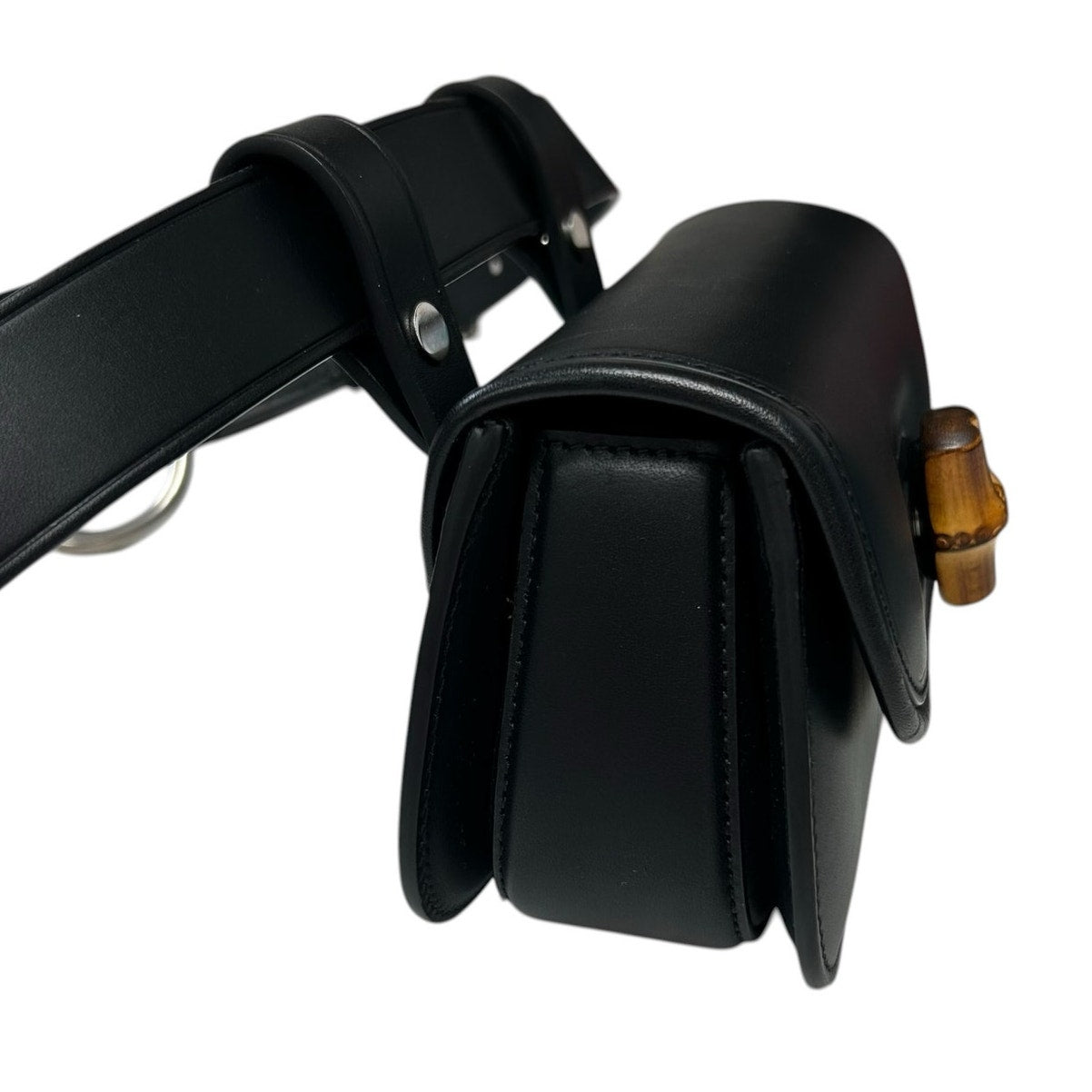 Gucci Black Leather Mini Bamboo Twist Lock 1974 Horse Bit Adjustable Belt Bag