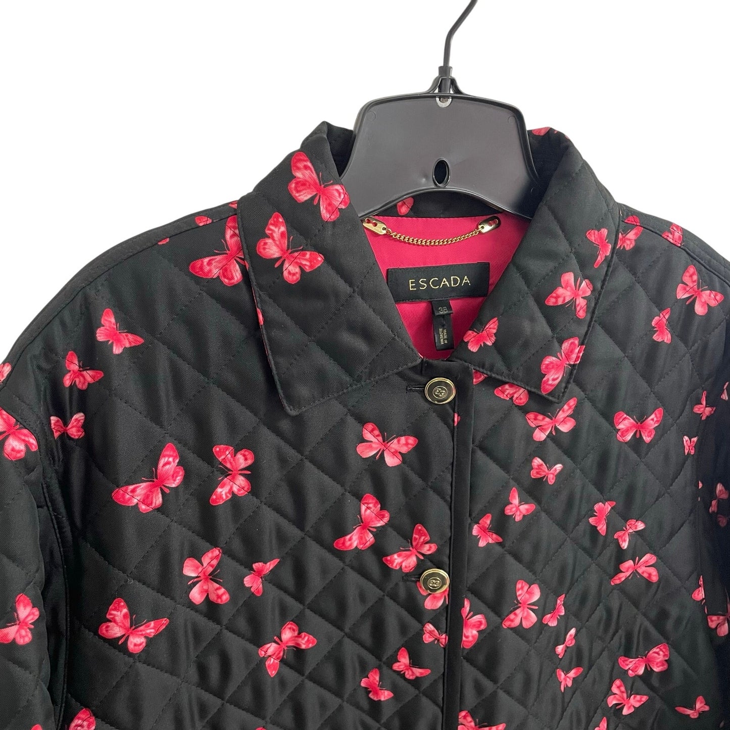Escada Black Pink Butterfly Print Button Up Quilted Jacket Womens Size 38 / US 8