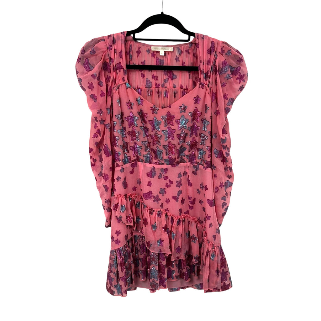 LoveShackFancy Millennial Pink Blue Metallic Star Print Caden Mini Dress Size 0