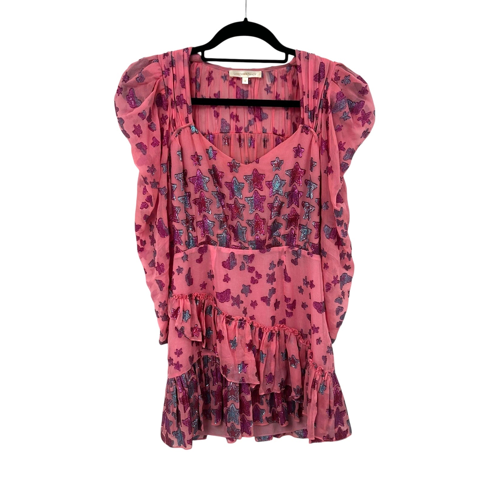 LoveShackFancy Millennial Pink Blue Metallic Star Print Caden Mini Dress Size 0