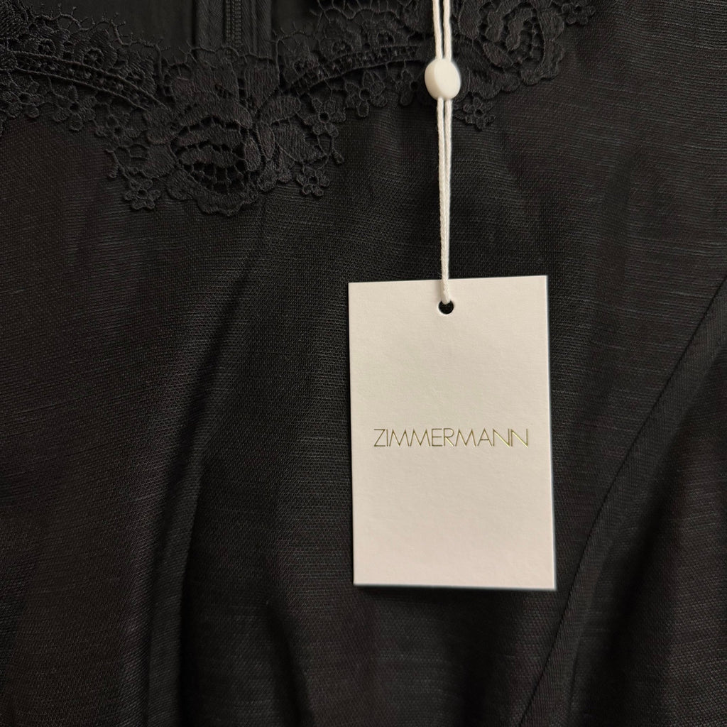 NWT Zimmermann Hypnotic Lace Trim Belted Linen Silk Mini Dress Black US 4