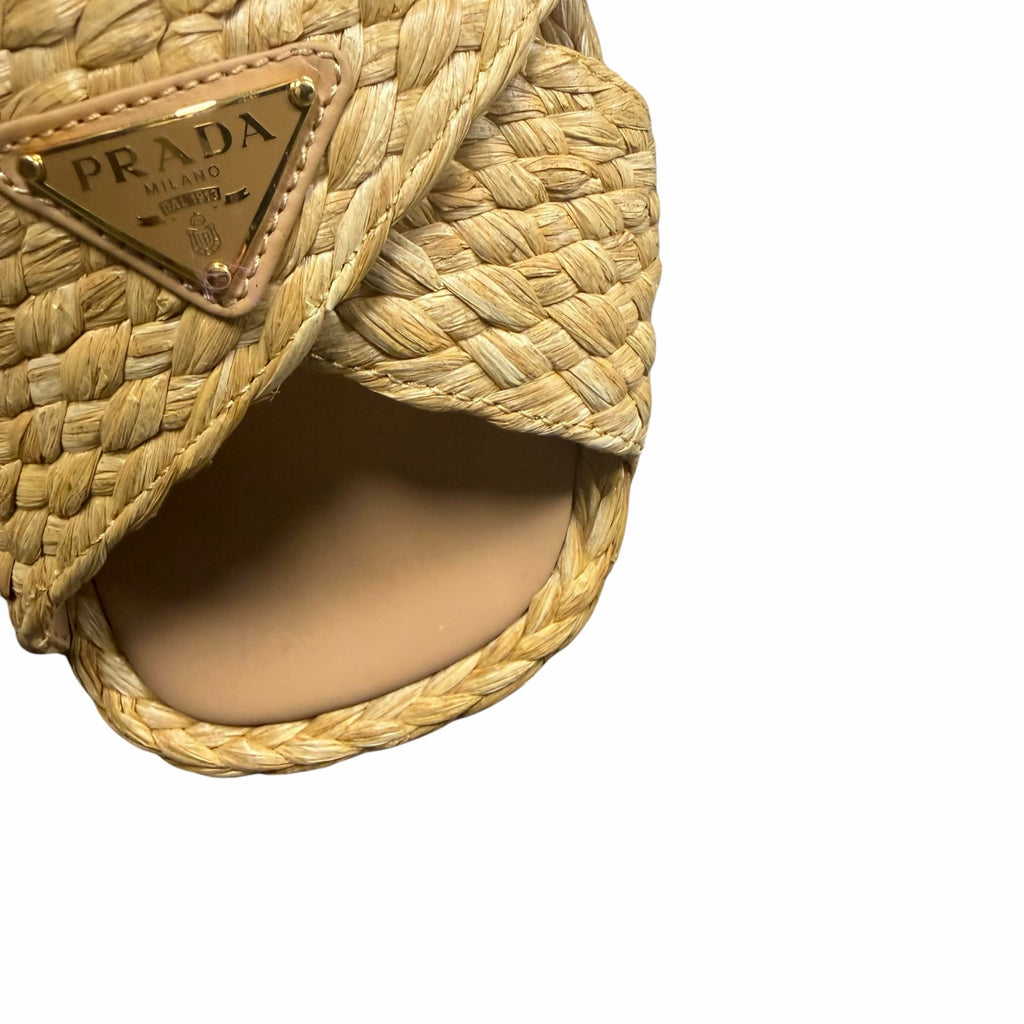 Prada Raffia Criss Cross Slide Sandal Neutral Logo Emblem Size 39 / US 9 Luxury