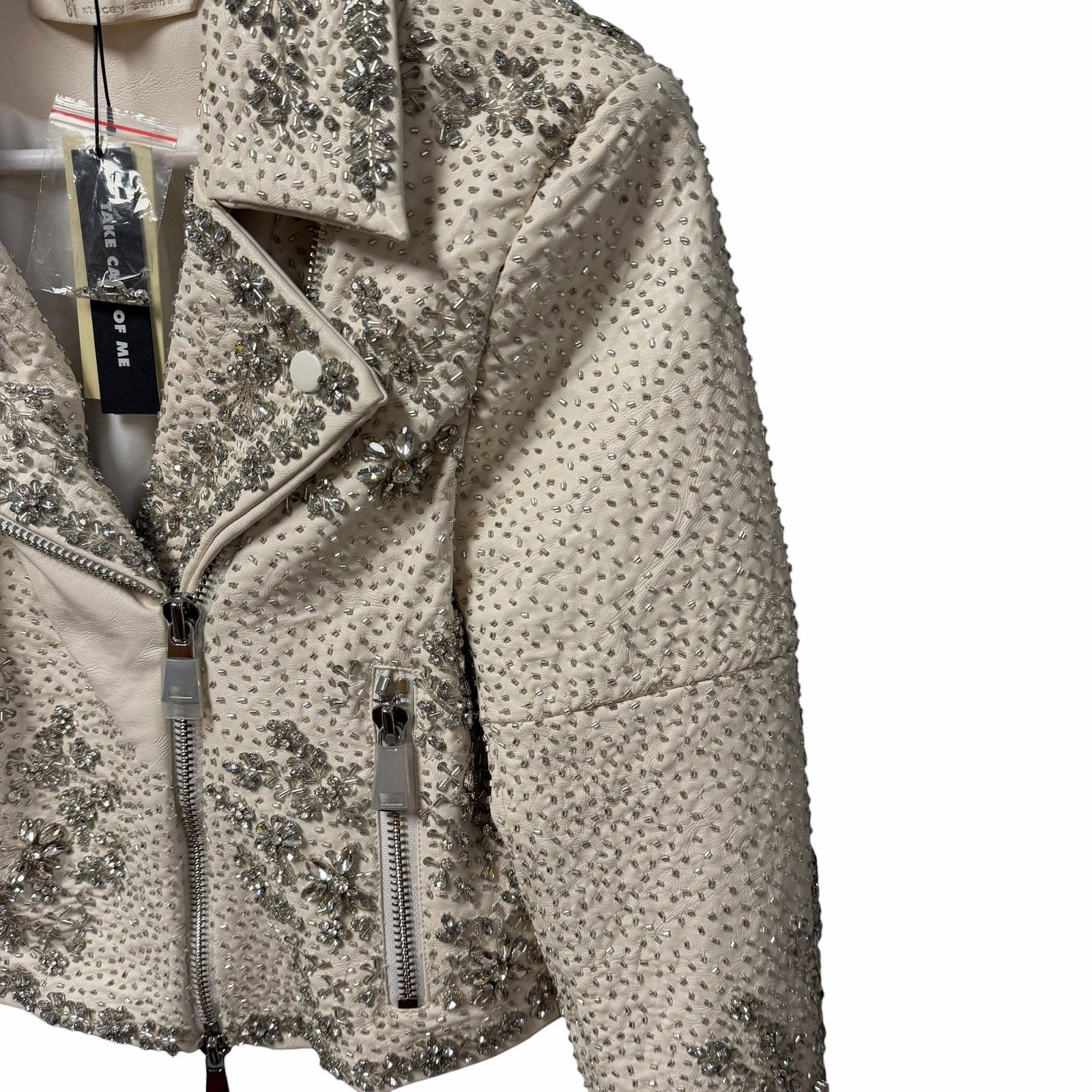 NWT Alice + Olivia Avril Embellished Vegan Moto Jacket Off White Womens Small