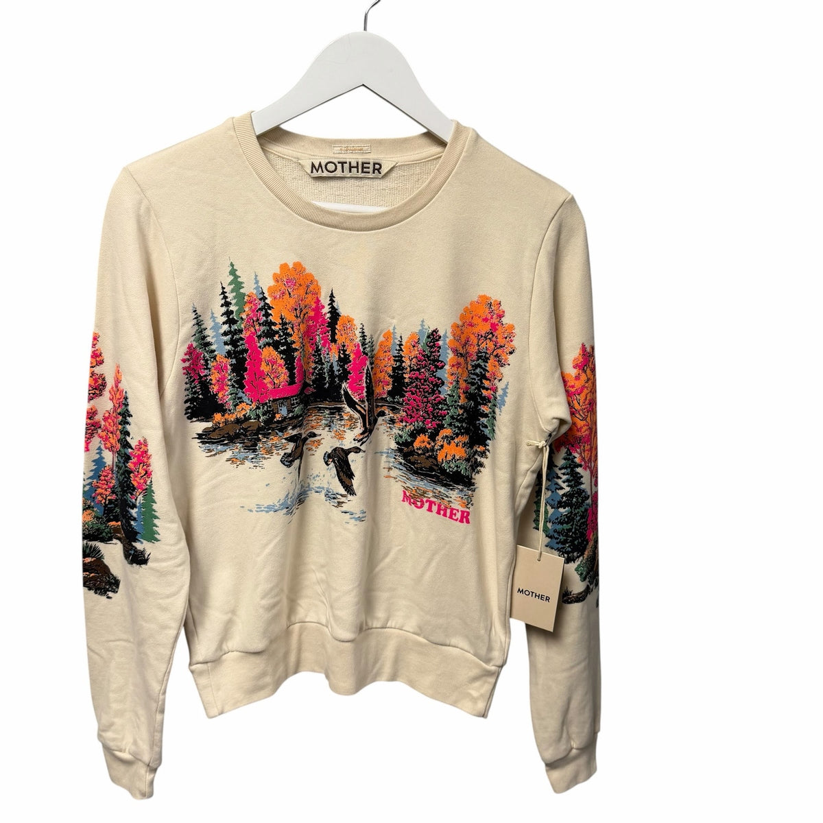 NWT Mother The Camper Sweatshirt Lake Scene Print Small Neon Cabincore Outdoor
