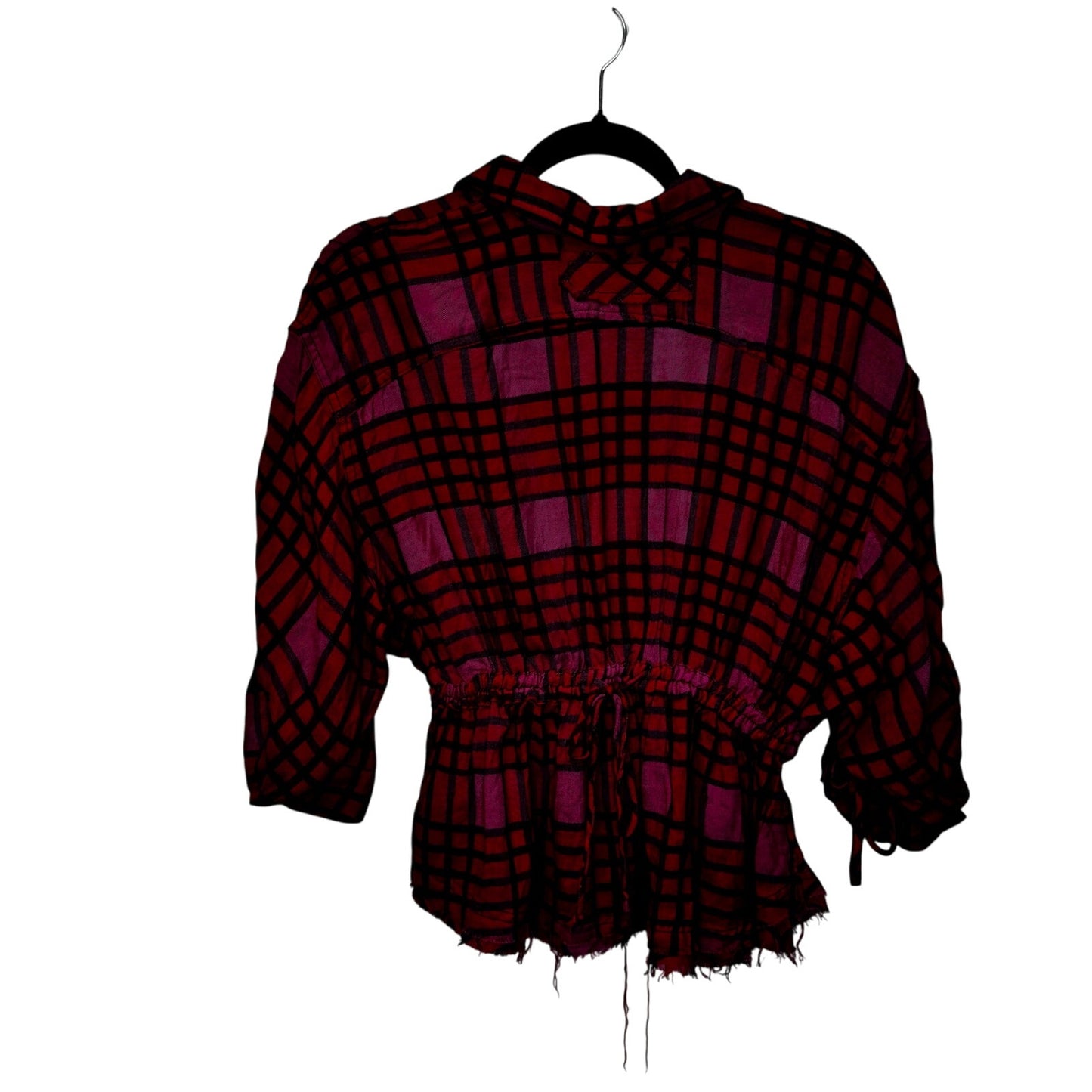 NWT Free People Red Pink Plaid Drawstring Sleeve Button Down Top Womens X-Small