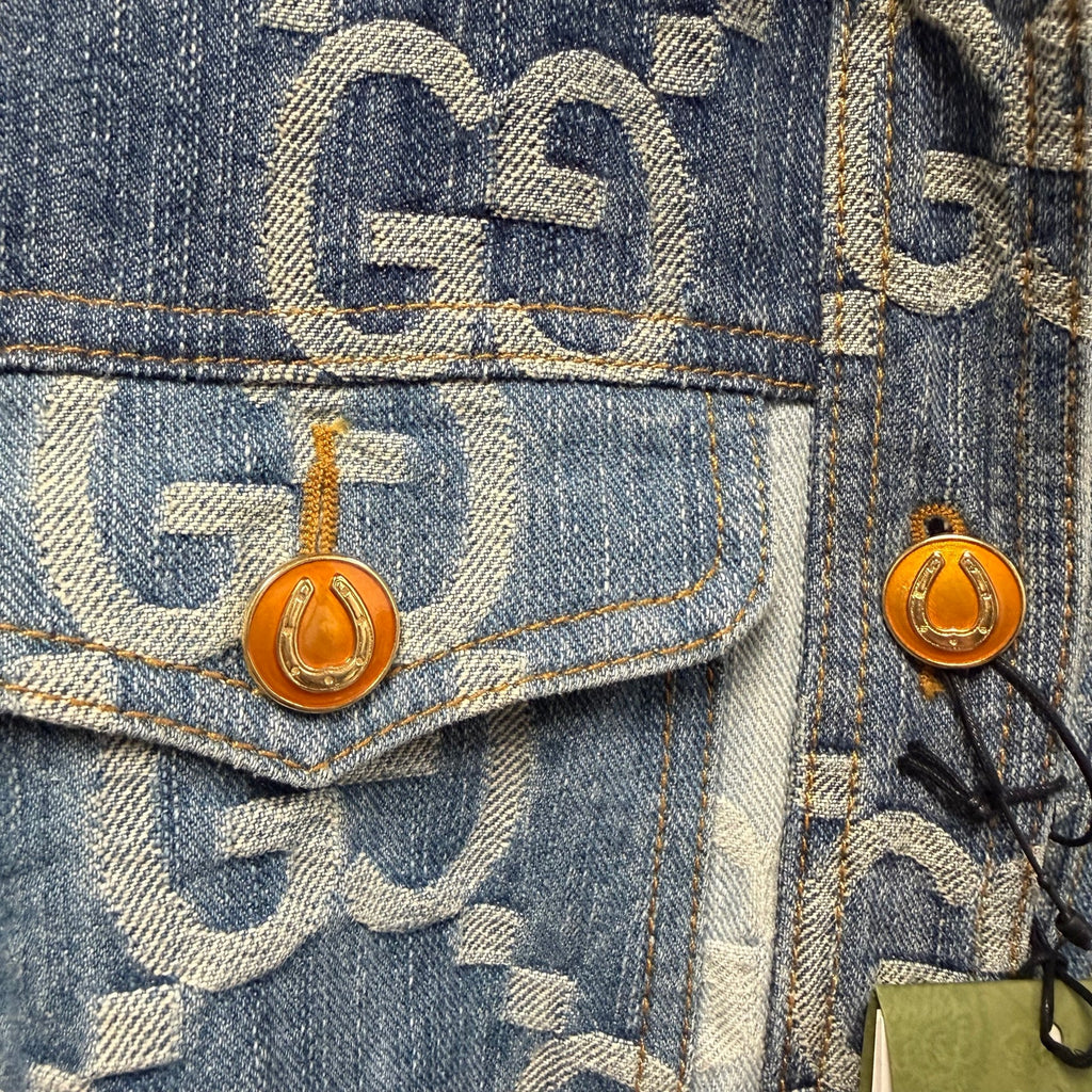 NWT Gucci Eco Washed Patchwork GG Denim Jacket Blue Womens IT 38 / US 2