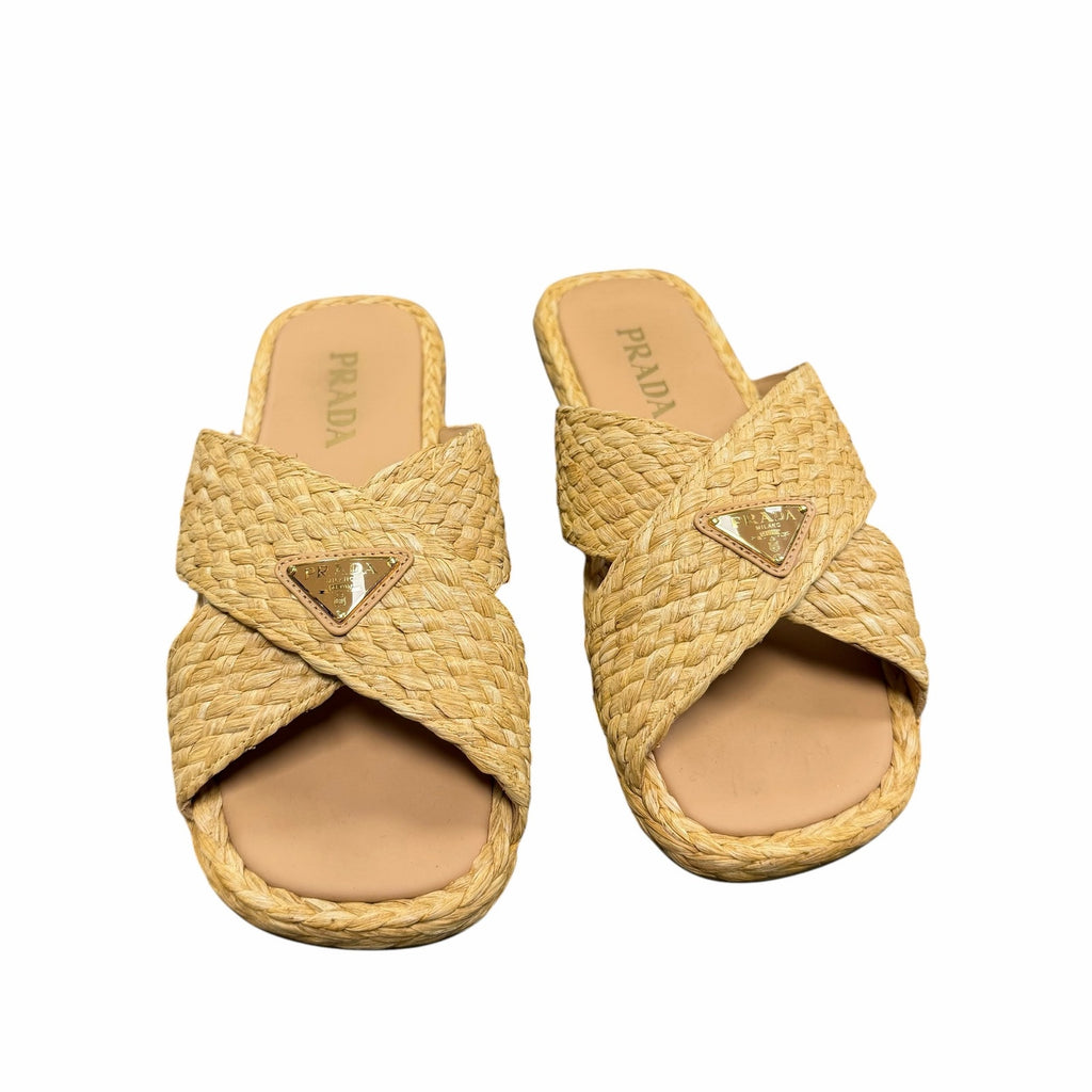 Prada Raffia Criss Cross Slide Sandal Neutral Logo Emblem Size 39 / US 9 Luxury
