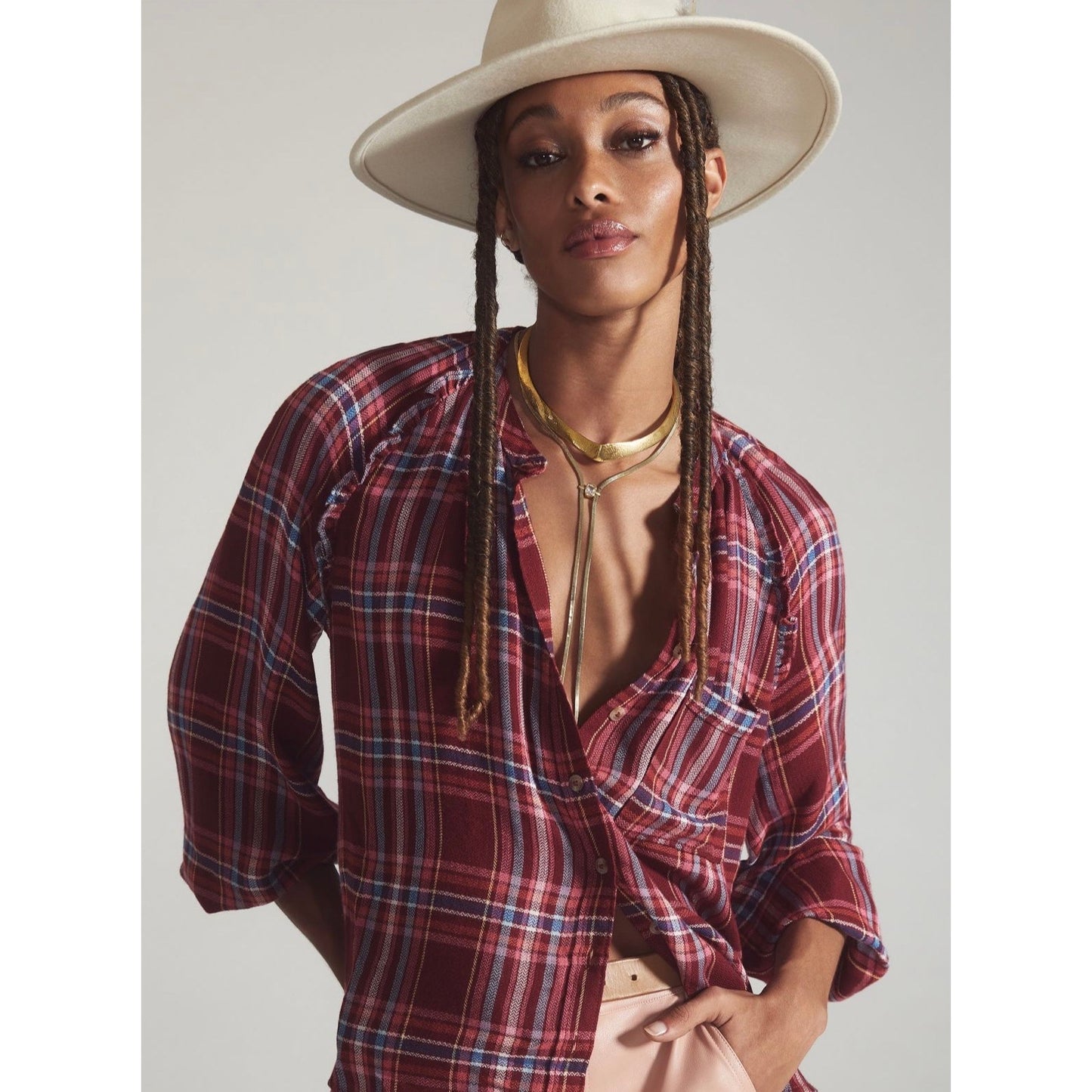 Pilcro Pink Red Blue Combo Plaid Ruffle Trim Button Down Shirt Womens Medium