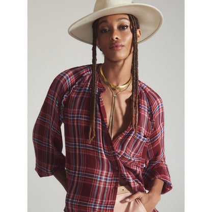 Pilcro Pink Red Blue Combo Plaid Ruffle Trim Button Down Shirt Womens Medium