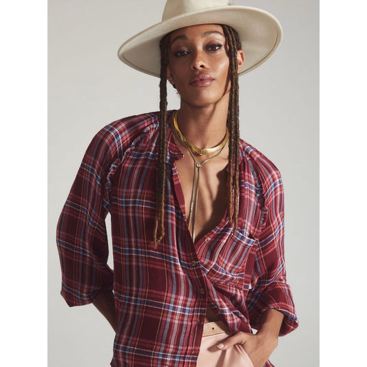 Pilcro Pink Red Blue Combo Plaid Ruffle Trim Button Down Shirt Womens Medium