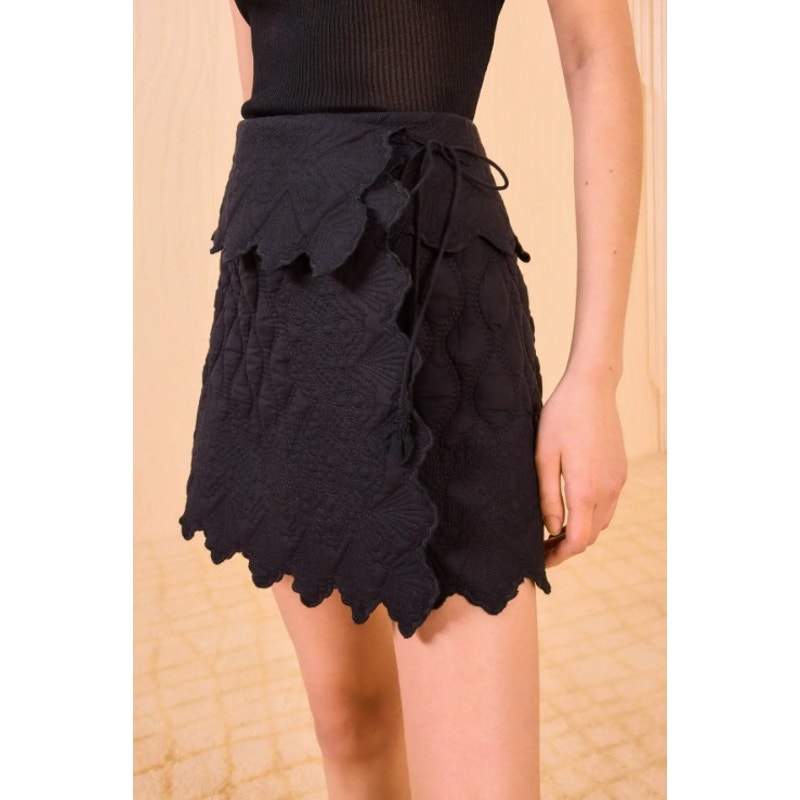 NWT Ulla Johnson Noir Black Taryn Quilted Scallop Mini Wrap Skirt Womens 0