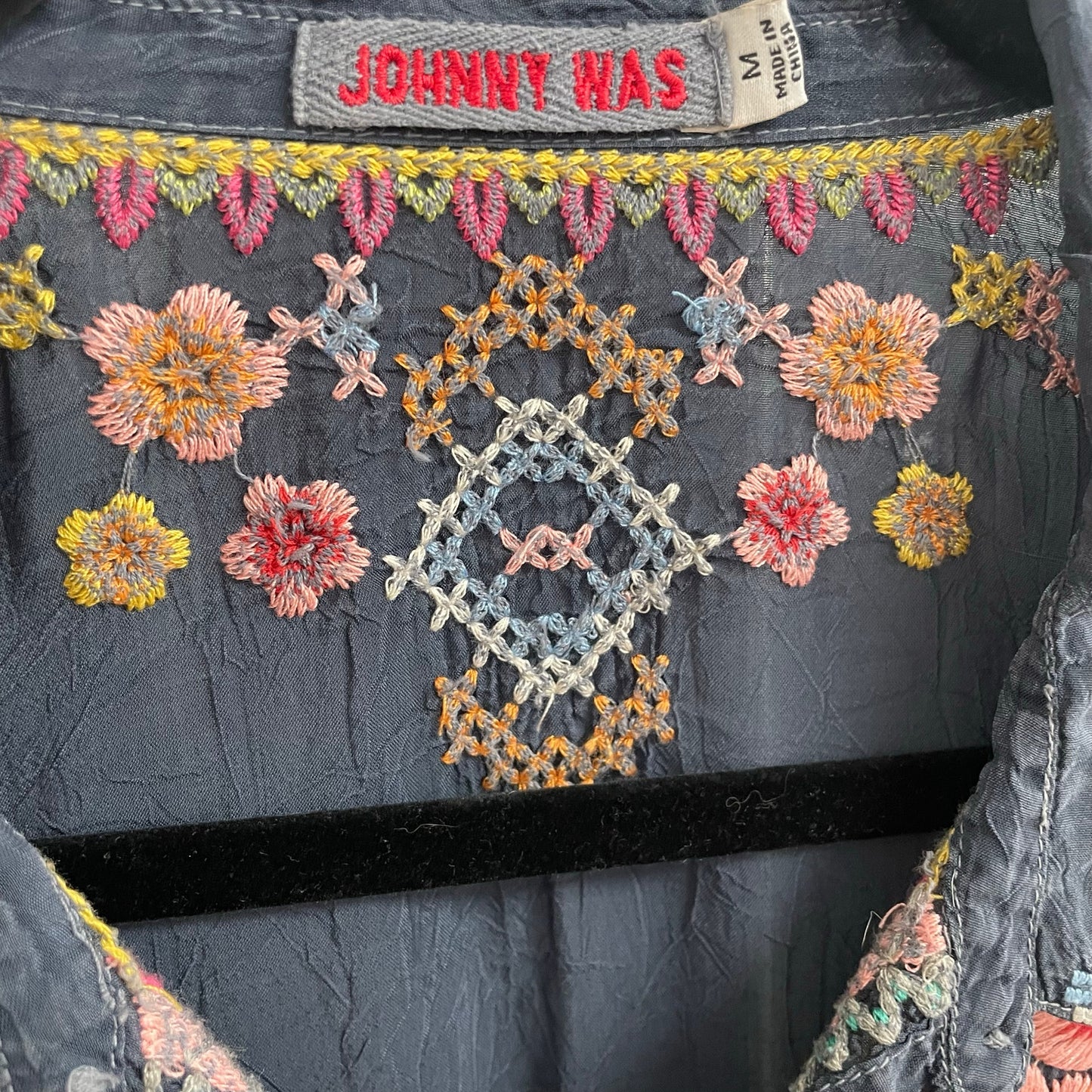 Johnny Was Festival Georgette Tunic Navy Multicolor Embroidery Womens Medium