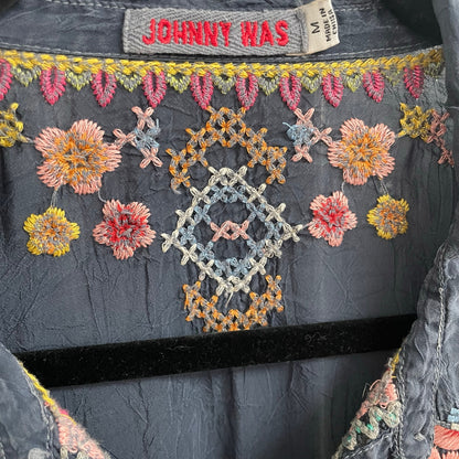 Johnny Was Festival Georgette Tunic Navy Multicolor Embroidery Womens Medium