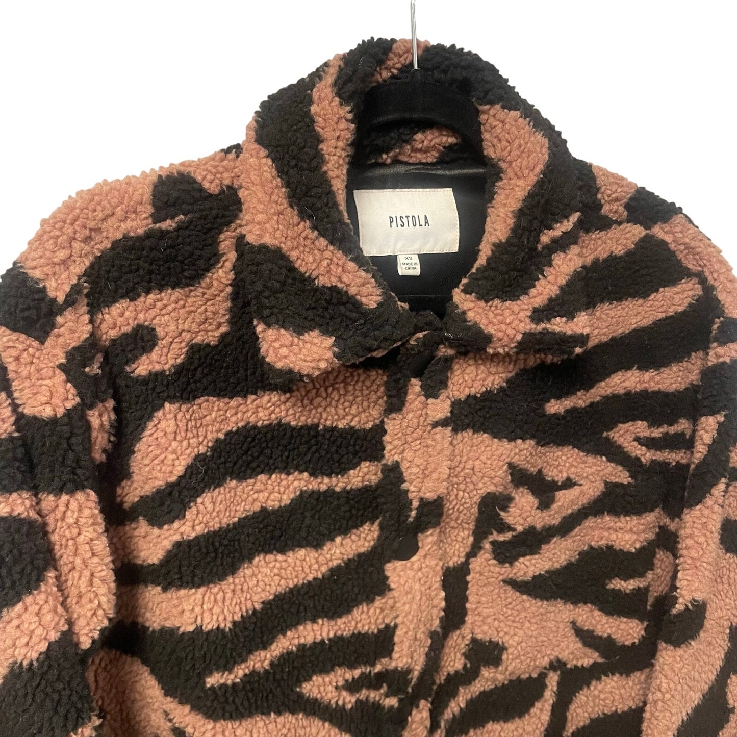 Pistola Lynn Oversized Shearling Jacket Clay Black Zebra Stripe Print Womens XS